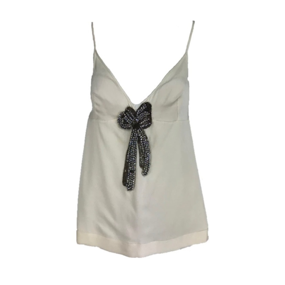 Alexander McQueen Ivory Silk with Rhinestone Bow Camisole Top